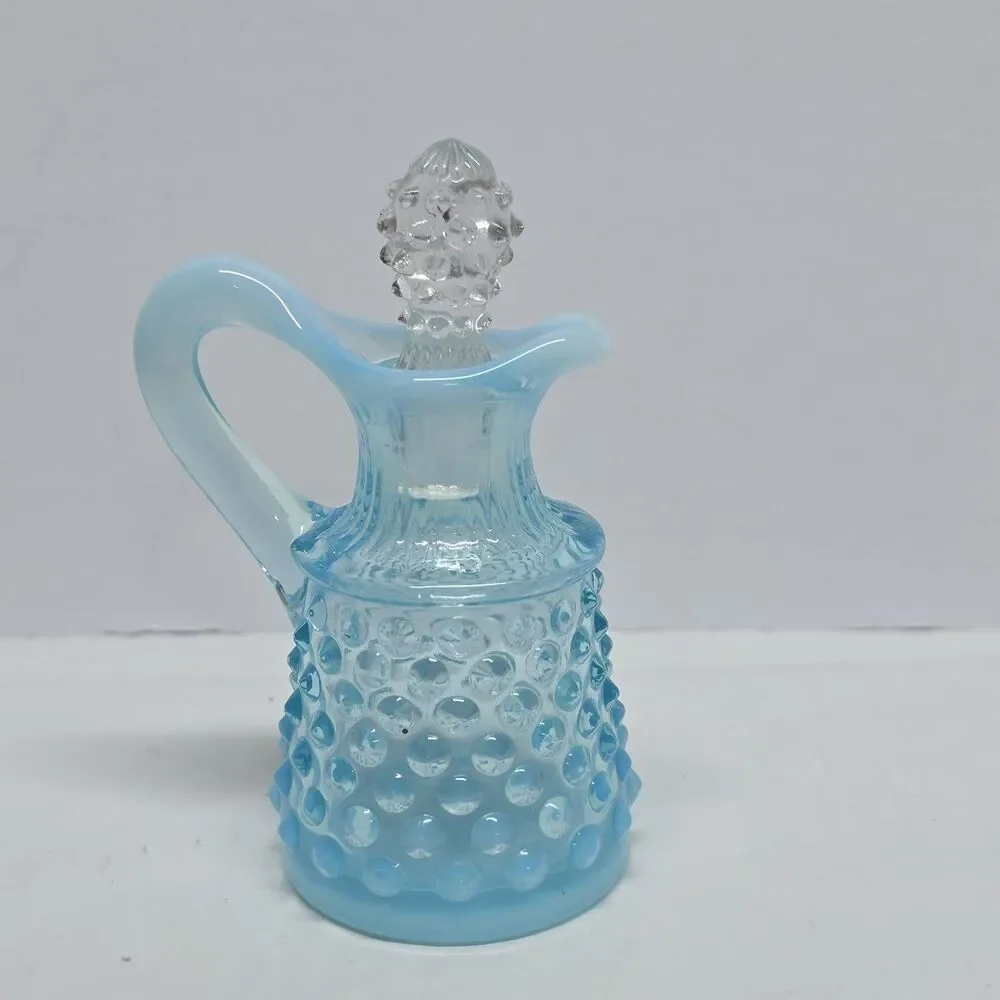 Vintage Fenton Art Glass Blue Opalescent Hobnail Cruet Bottle With Stopper